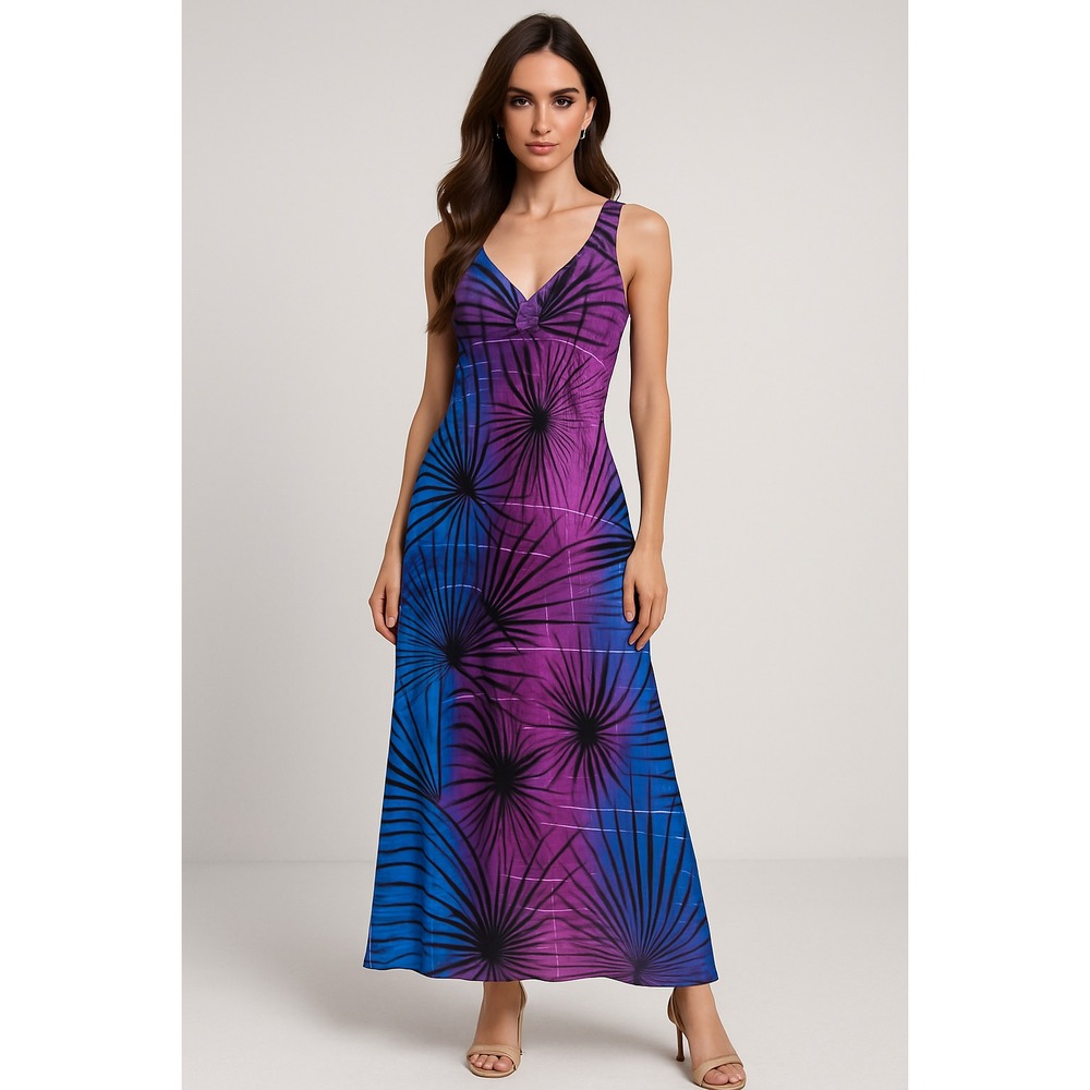 Babydoll Maxi Dress Womens 10 Purple Leaf Print Chiffon Hawaiian Tropical Sunset